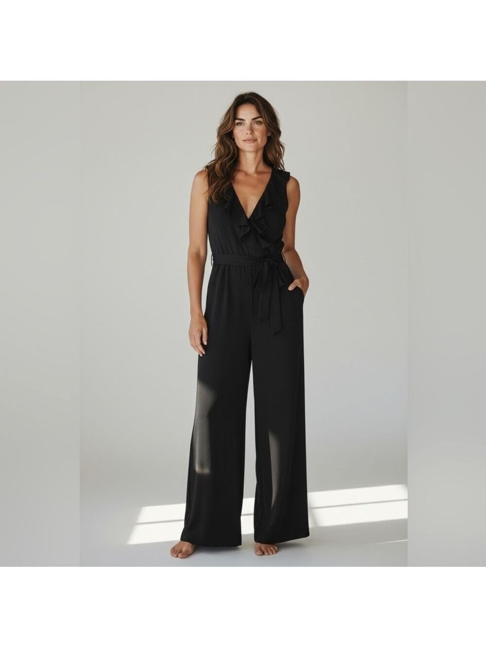 Tommy Hilfiger Black Sleeveless Ruffle V-Neck Jumpsuit Women’s Size 2 Stretchy